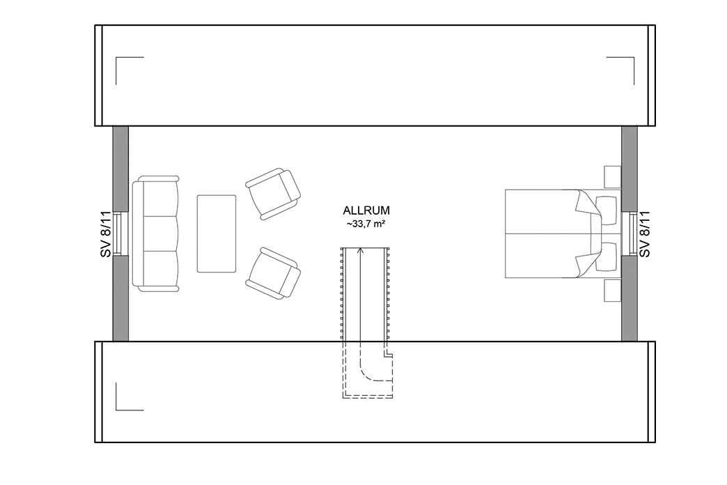 Planritning loftplan fritidshus med loft 52 kvm Dalarö 35-60