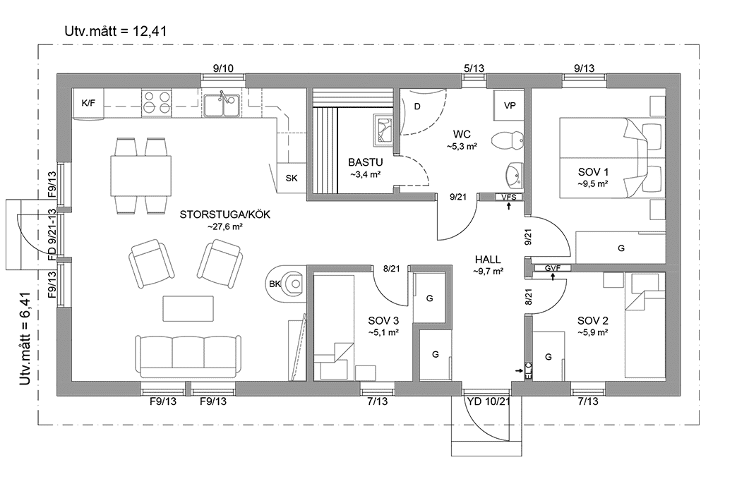 Planritning fritidshus 70 kvm Dalarö 23-80 spegelvänd