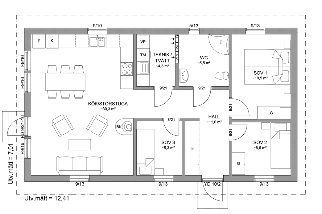 Planritning fritidshus 77 kvm Dalarö 23-87