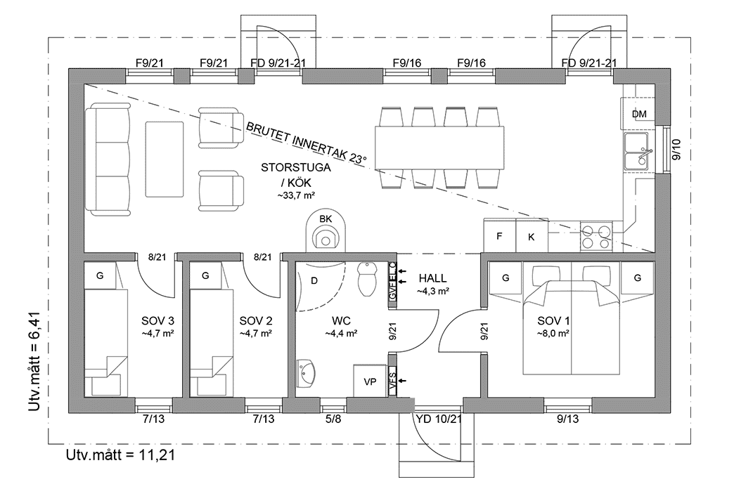 Planritning fritidshus enplanshus 63 kvm Sandhamn 23-72