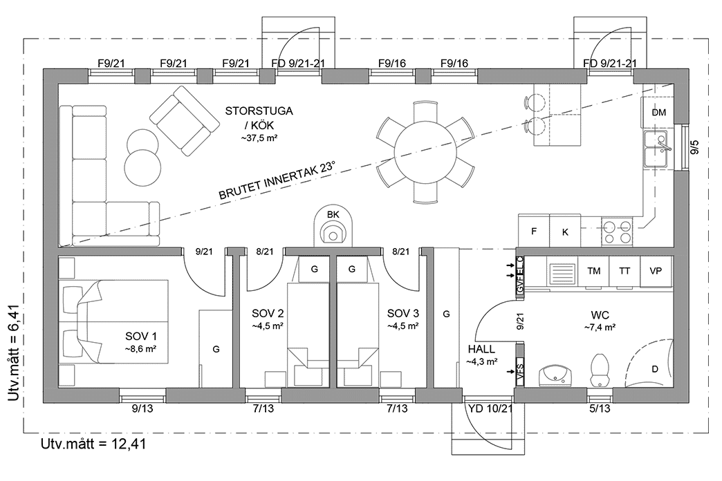 Planritning fritidshus enplanshus 70 kvm Sandhamn 23-80