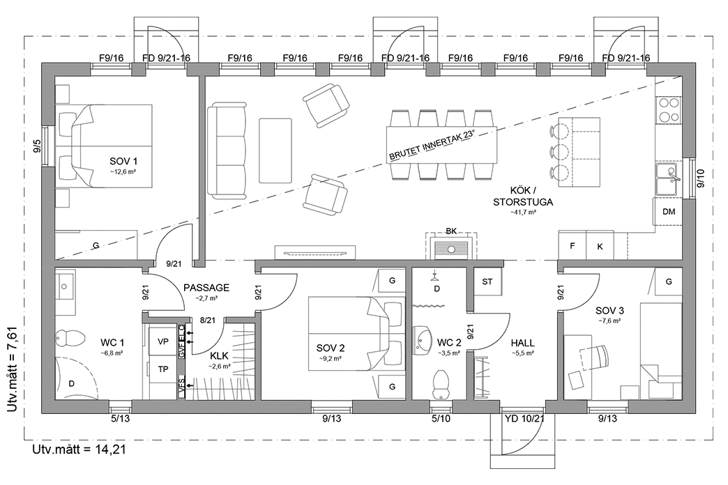 Planritning fritidshus enplanshus 97 kvm Sandhamn 23-108
