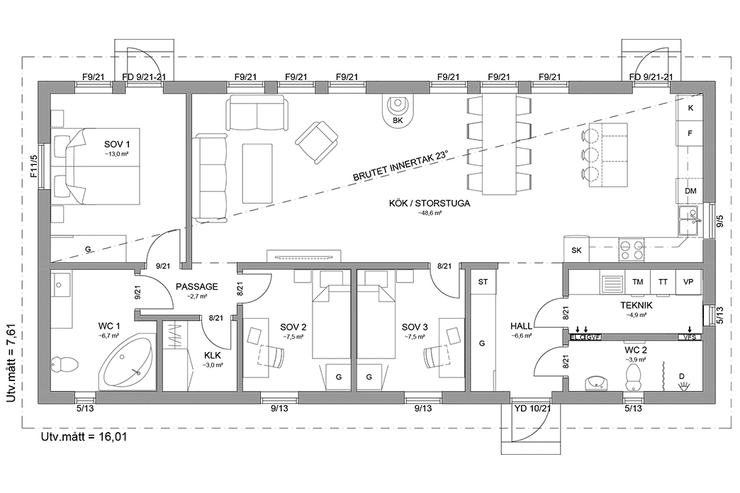 Planritning fritidshus enplanshus 109 kvm Sandhamn 23-122