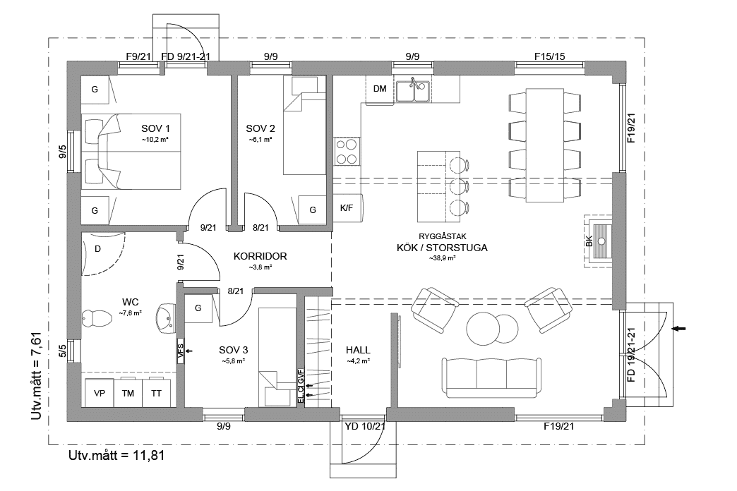 Planritning Alster 23-90 enplanshus 80 kvm
