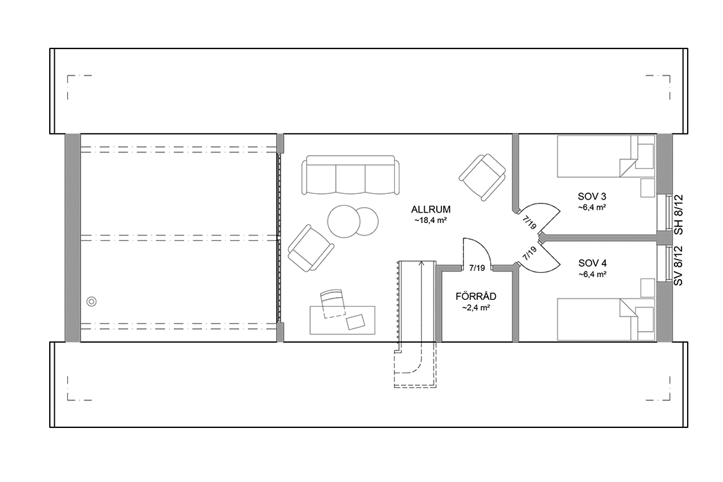 Planritning loftplan fritidshus med loft 104 kvm Alster 35-91 FHV