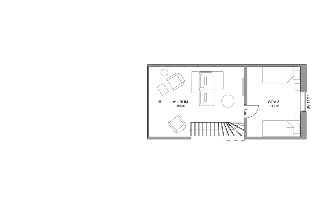 Planritning loftplan fritidshus med loft 116 kvm Alster 45-102 FHV
