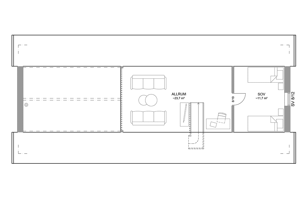 Planritning loftplan fritidshus med loft 113 kvm Alster 35-103 FHV spegelvänd