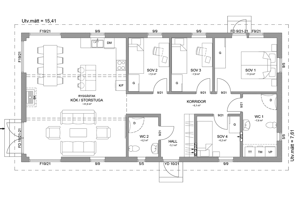 Planritning fritidshus enplanshus 105 kvm Alster 23-117