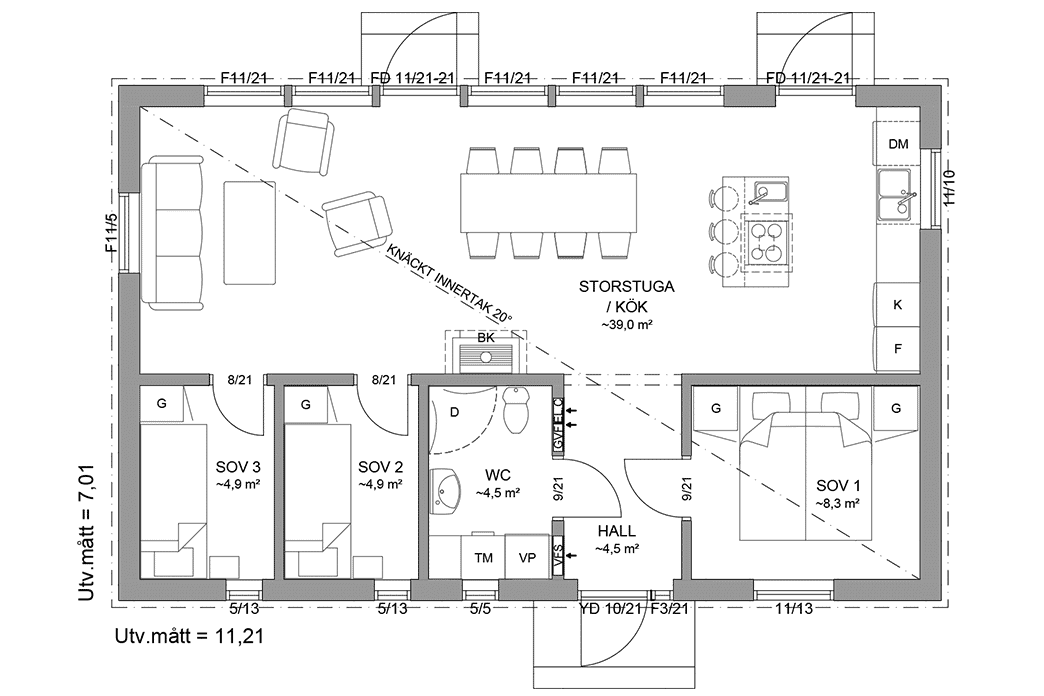 Planritning fritidshus enplanshus 69 kvm Gotland 27-79