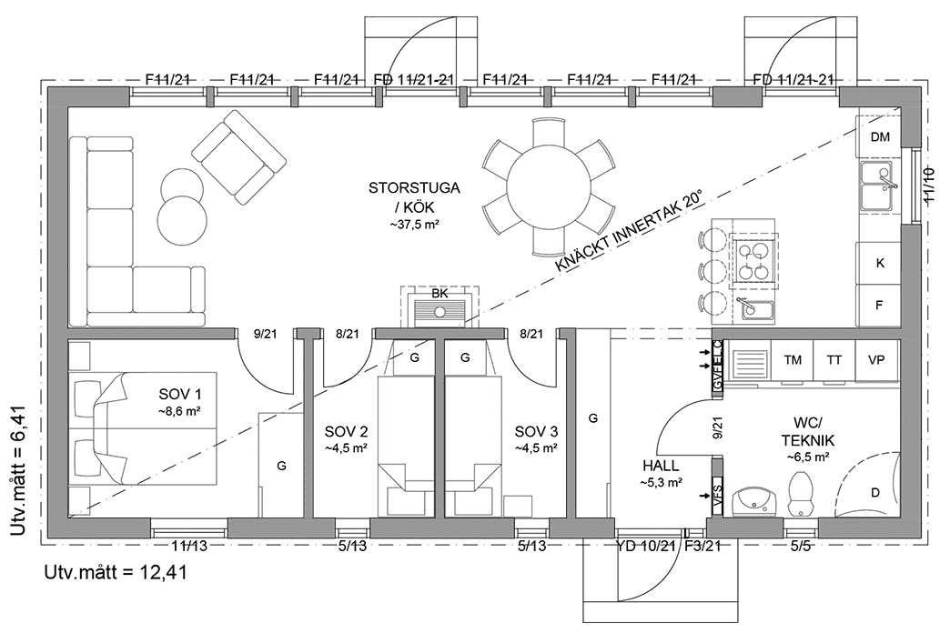 Planritning fritidshus enplanshus 70 kvm Gotland 27-80