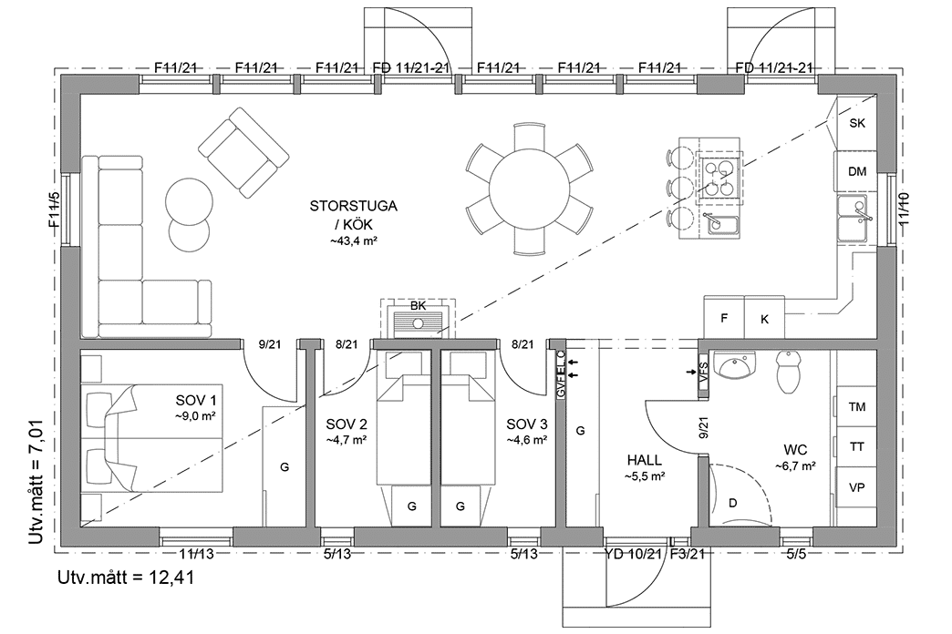Planritning fritidshus enplanshus 77 kvm Gotland 27-87