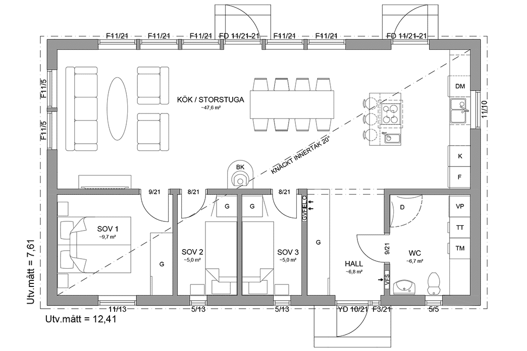 Planritning fritidshus enplanshus 84 kvm Gotland 27-95