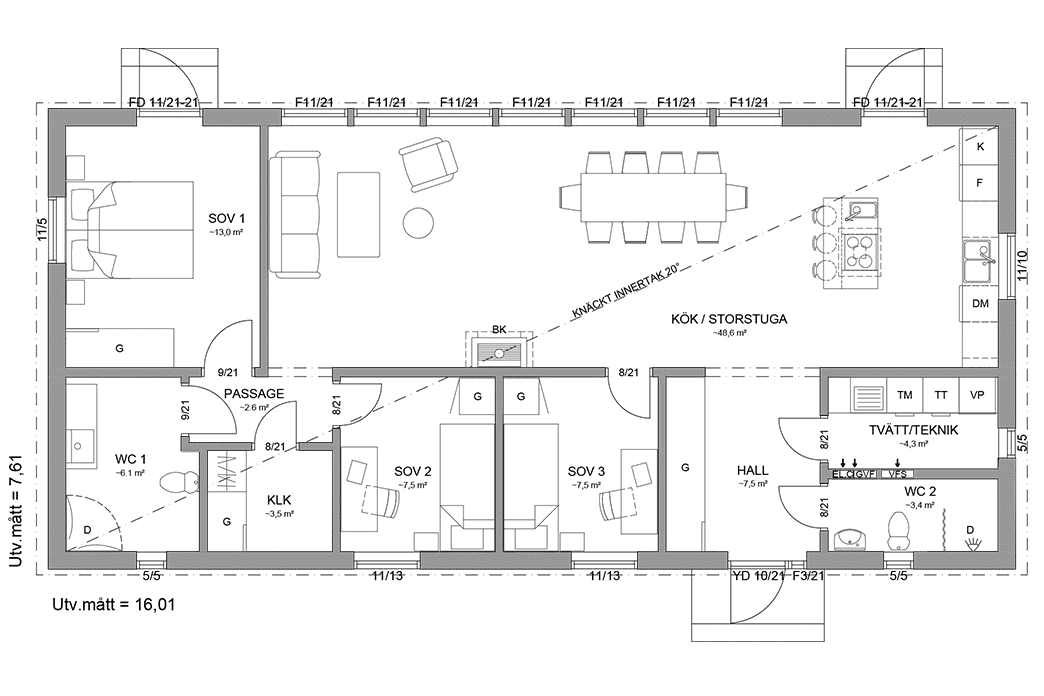 Planritning fritidshus enplanshus 109 kvm Gotland 27-122