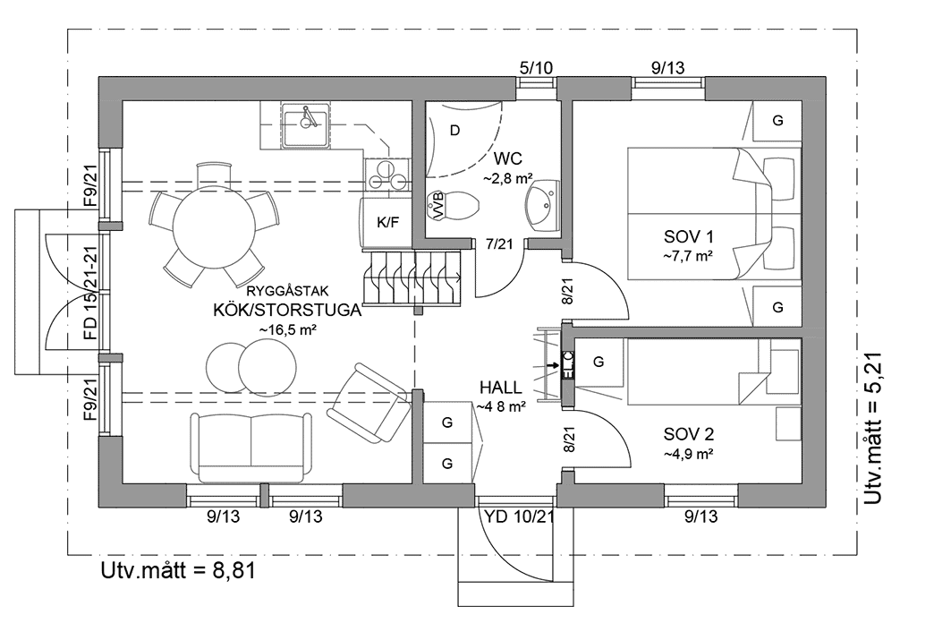 Planritning entreplan fritidshus med loft 39 kvm Agö 35-46