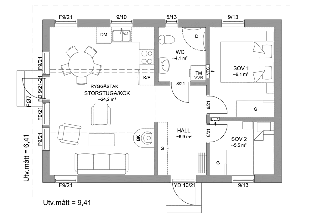Planritning fritidshus enplanshus 52 kvm Agö 23-60