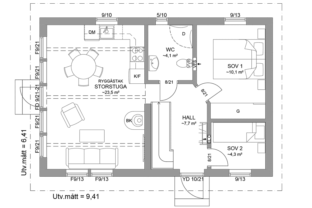 Planritning entreplan fritidshus med loft 50 kvm Agö 35-60
