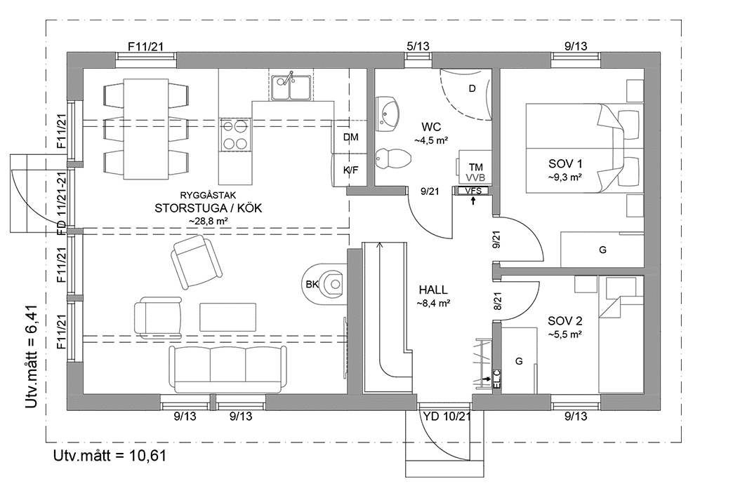 Planritning entreplan fritidshus med loft 70 kvm Agö 35-68 FHV