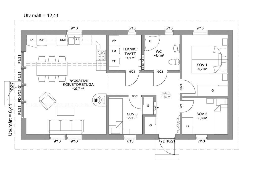 Planritning fritidshus enplanshus 68 kvm Agö 23-80