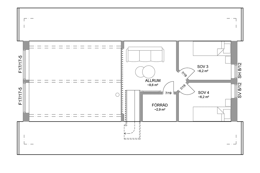 Planritning loftplan fritidshus med loft 80 kvm Agö 35-83 FHV
