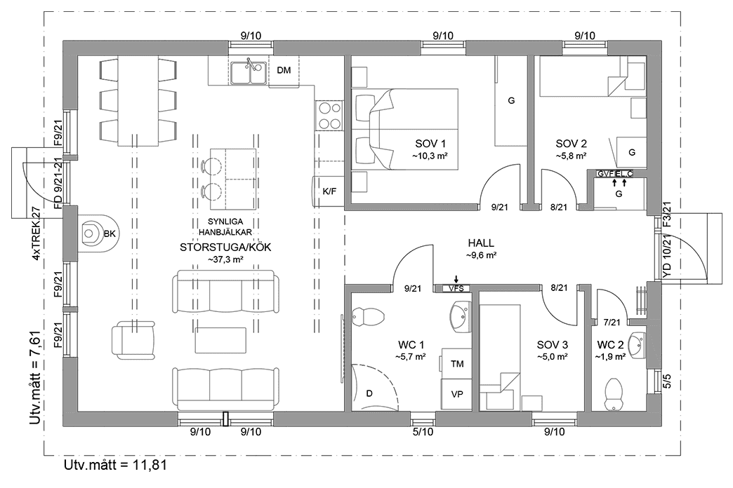 Planritning fritidshus enplanshus 80 kvm Agö 27-90