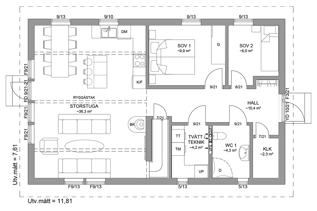 Planritning entreplan fritidshus med loft 102 kvm Agö 40-90