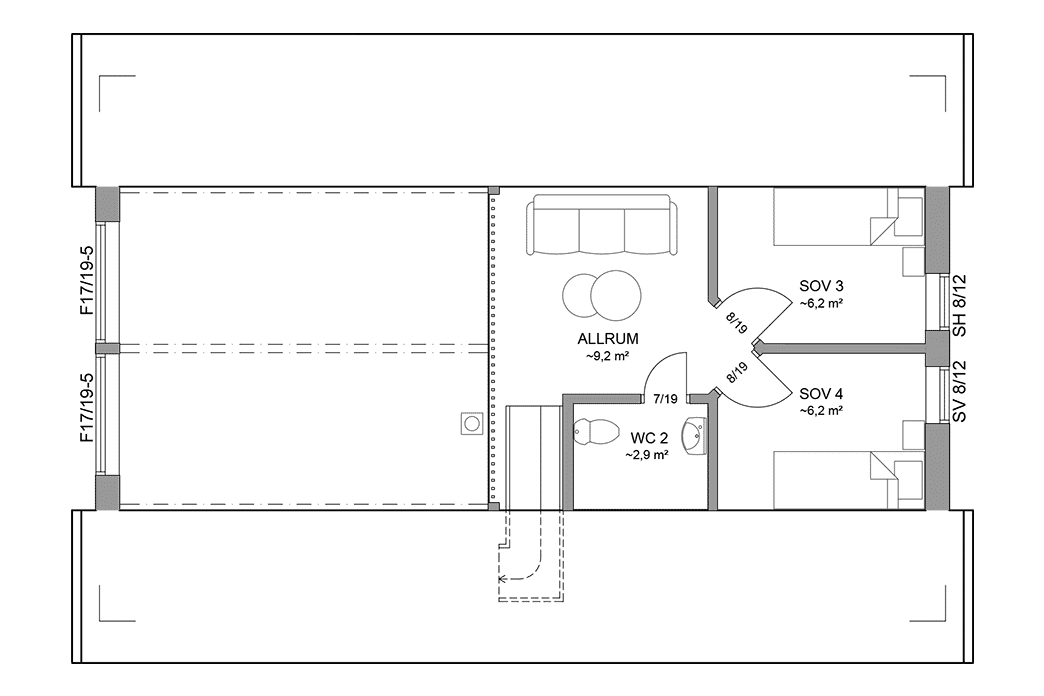 Planritning loftplan fritidshus med loft 102 kvm Agö 40-90