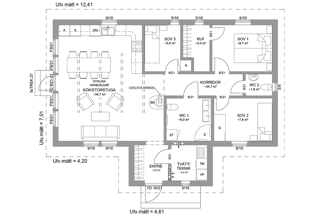 Planritning fritidshus enplanshus med vinkel 88 kvm Agö 27-97