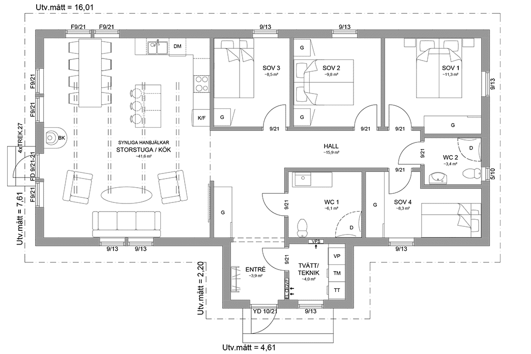 Planritning fritidshus enplanshus 120 kvm Agö 27-132