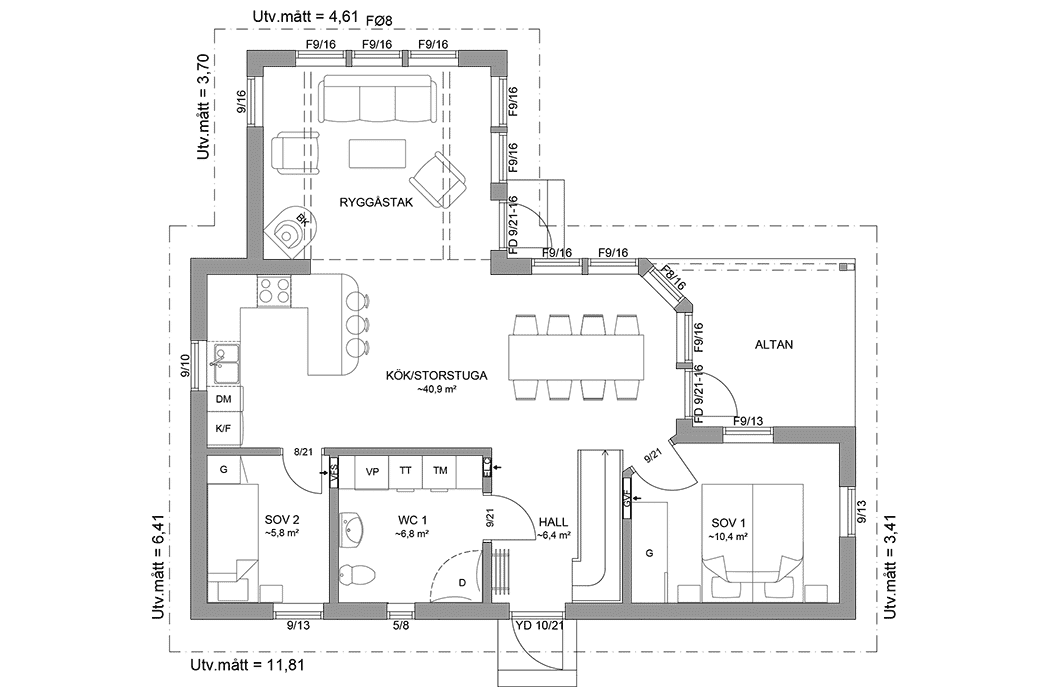 Planritning entréplan fritidshus med loft vinkelhus 102 kvm Blidö 40-93
