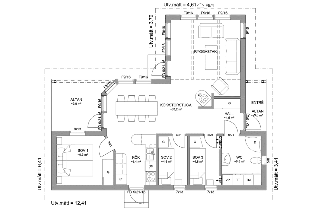 Planritning fritidshus enplanshus vinkelhus 70 kvm Blidö 23-97