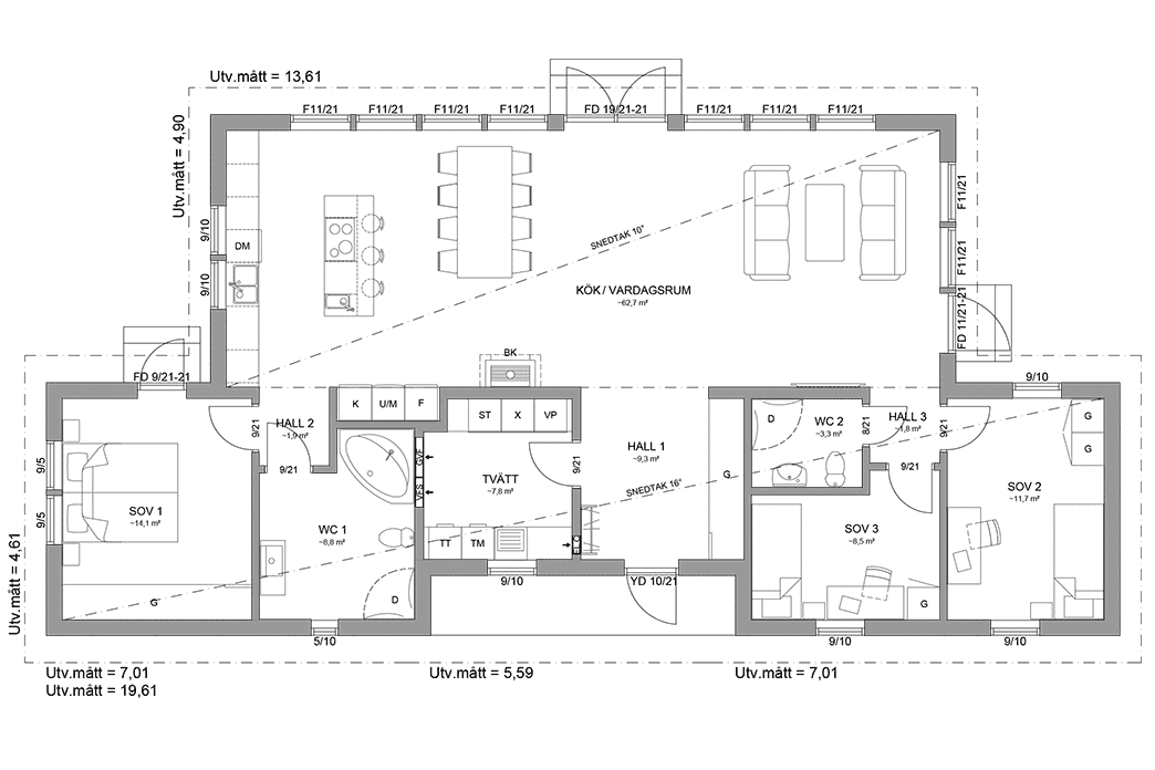 Planritning fritidshus enplanshus 135 kvm Attityd 157