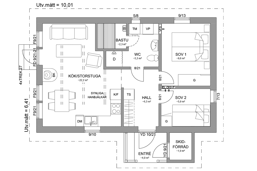 Planritning fjällstuga enplanshus 54 kvm Sylarna 71