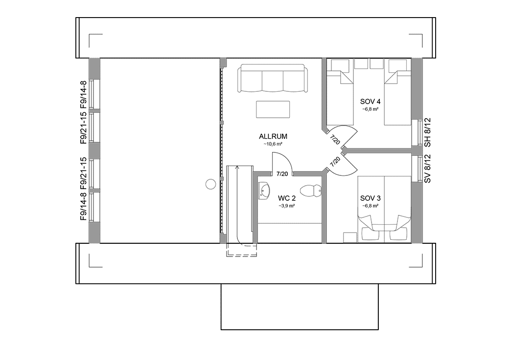 Planritning loftplan fjällstuga med loft 80 kvm Sonfjället 35-77 spegelvänd