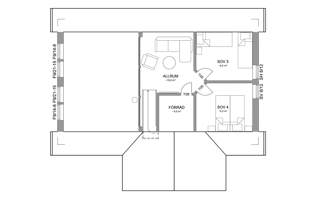 Planritning loftplan fjällstuga med loft 98 kvm Sonfjället 35-89 spegelvänd