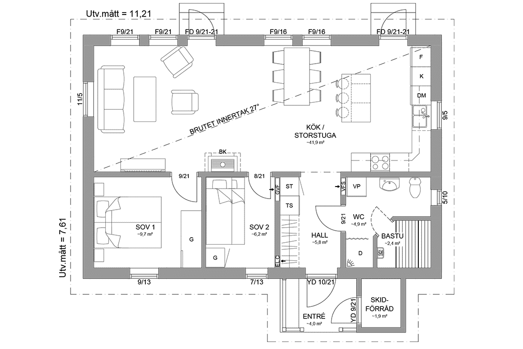 Planritning fjällstuga timmerhus enplanshus 74 kvm Marsfjäll 85