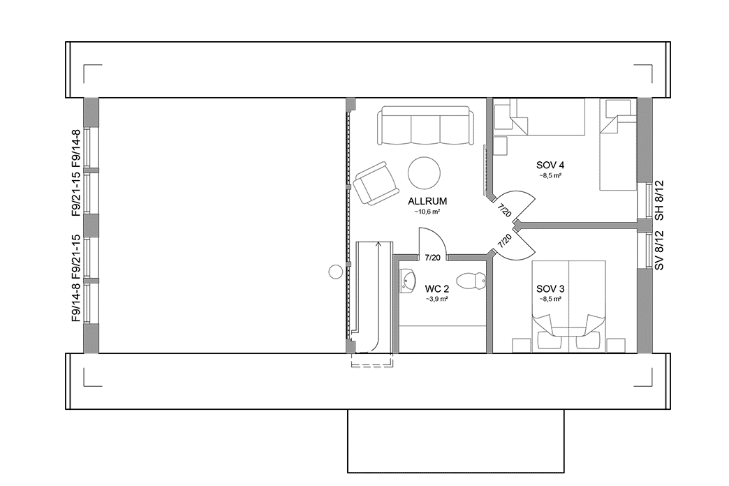 Planritning loftplan fjällstuga med loft 98 kvm Sonfjället 35-94