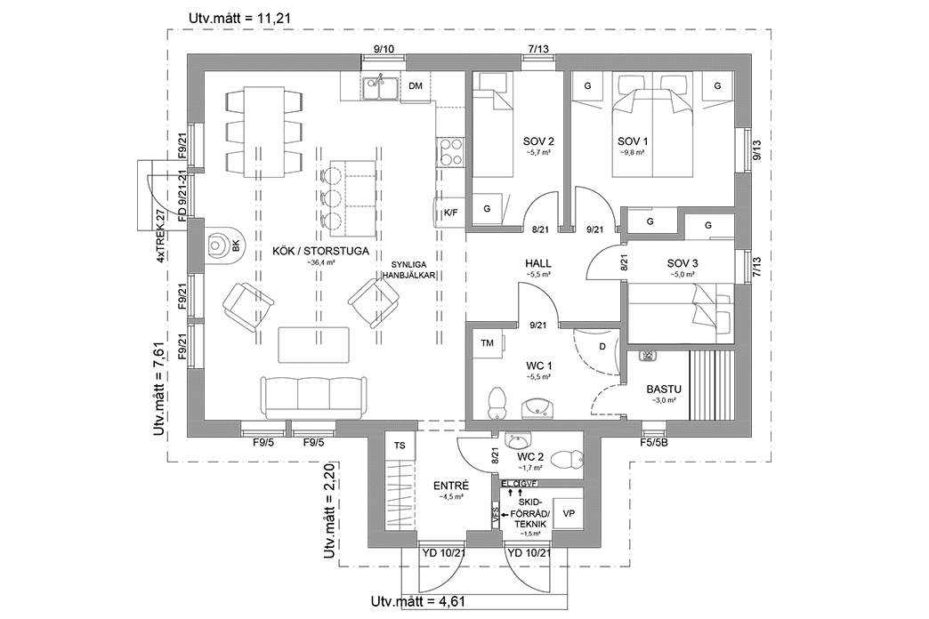 Planritning fjällstuga enplanshus 81 kvm Sylarna 96