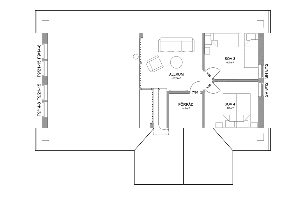 Planritning loftplan fjällstuga med loft 111 kvm Sonfjället 35-101