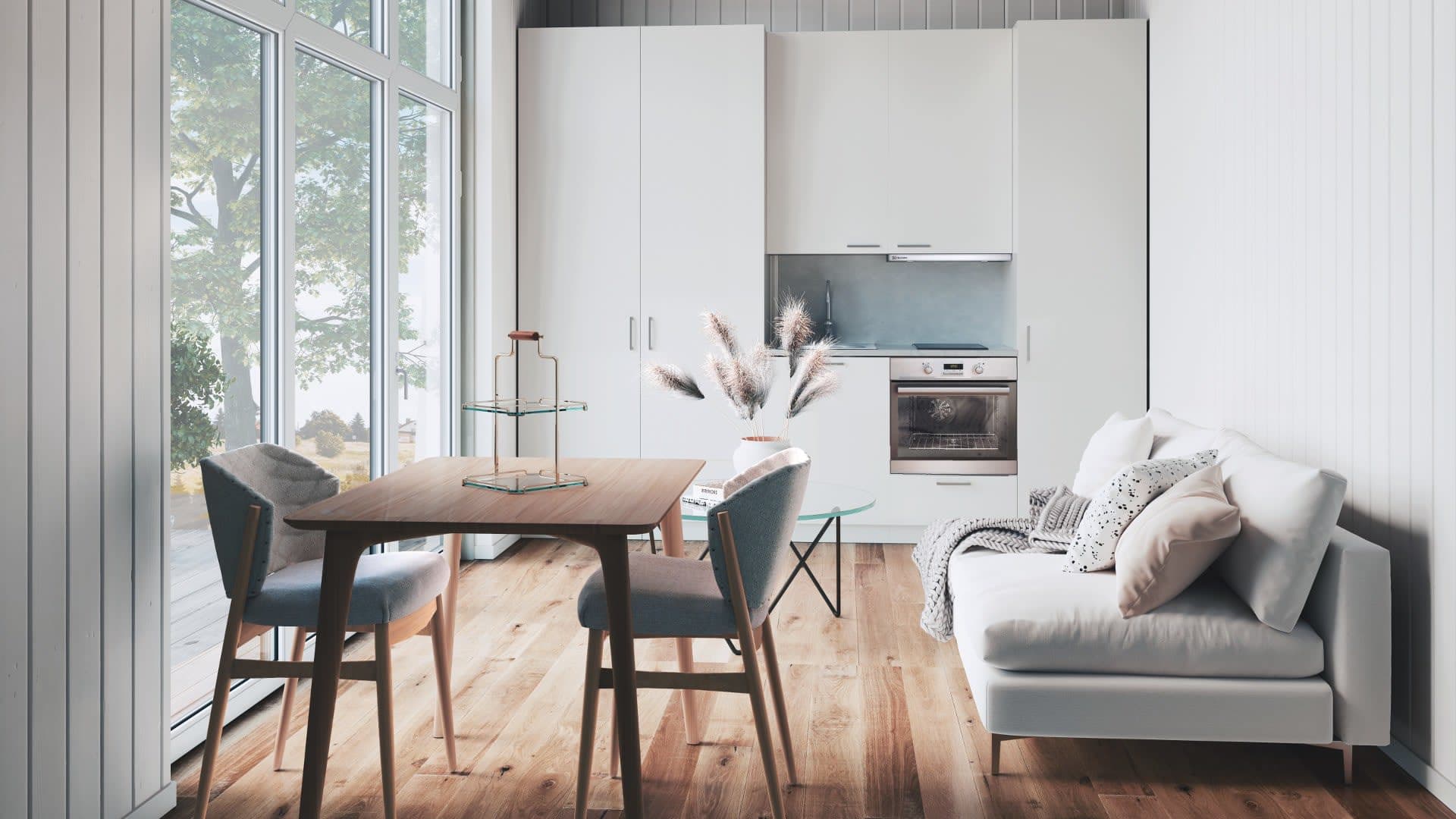 Stora rummet med plats för bäddsoffa, ett stort ljust fönsterparti samt fullutrustat kök med extra garderober.