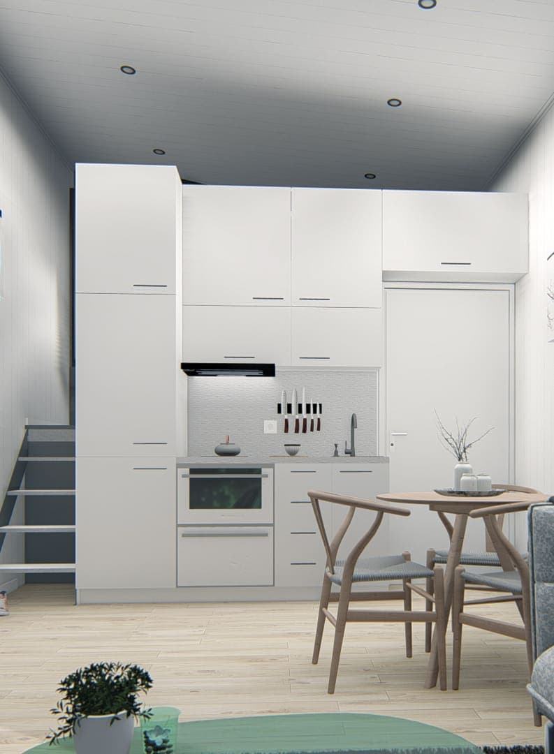 Stora rummet med extra stort kök och trapp upp till loft.