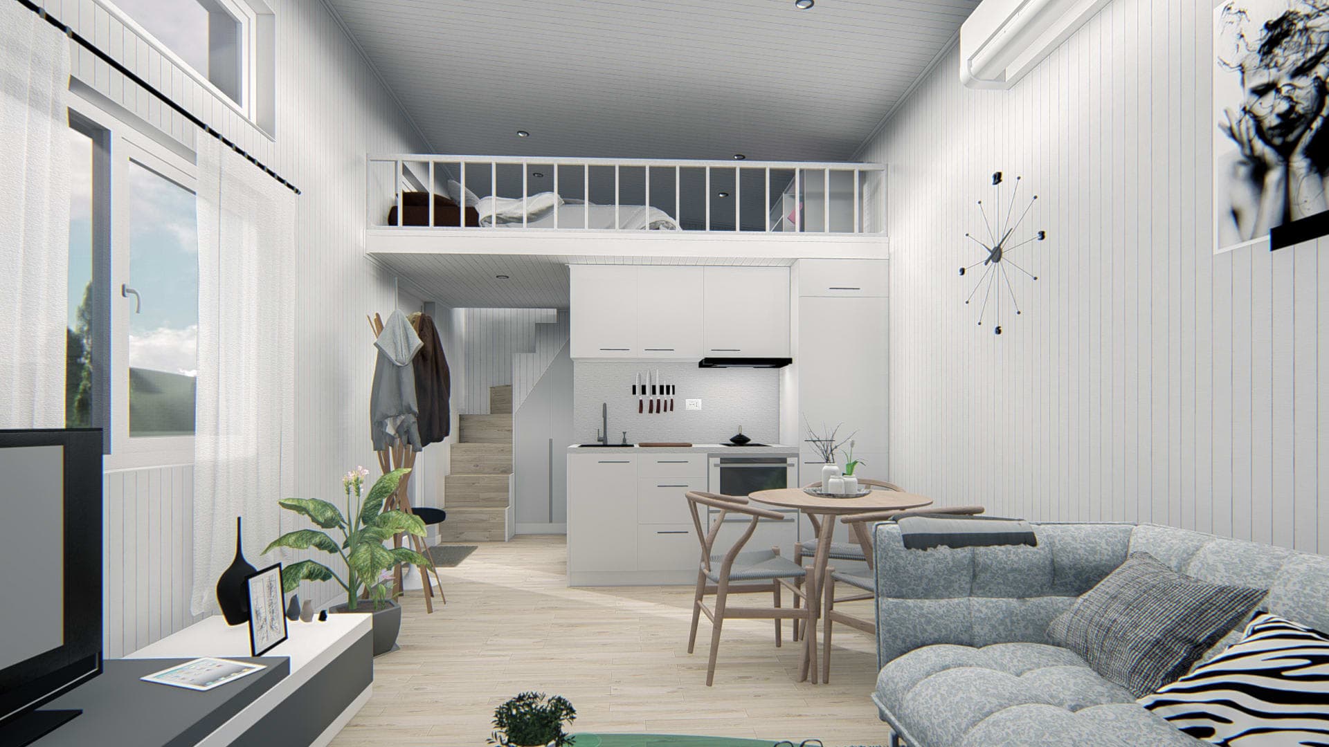 Stora rummet med plats för bäddsoffa, tv-hörna och fullutrustat kök.