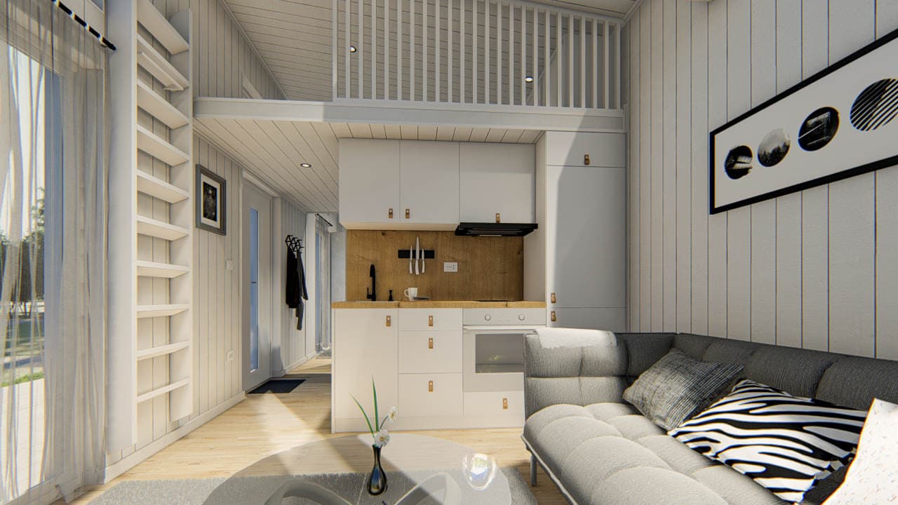 Stora rummet med plats för bäddsoffa, tv-hörna och fullutrustat kök.