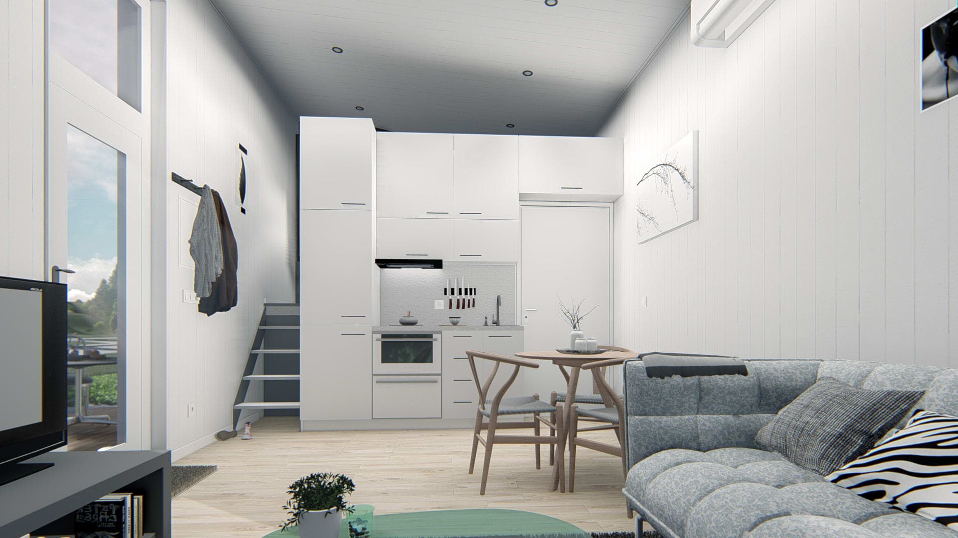 Stora rummet med plats för bäddsoffa, tv-hörna och extra stort kök.