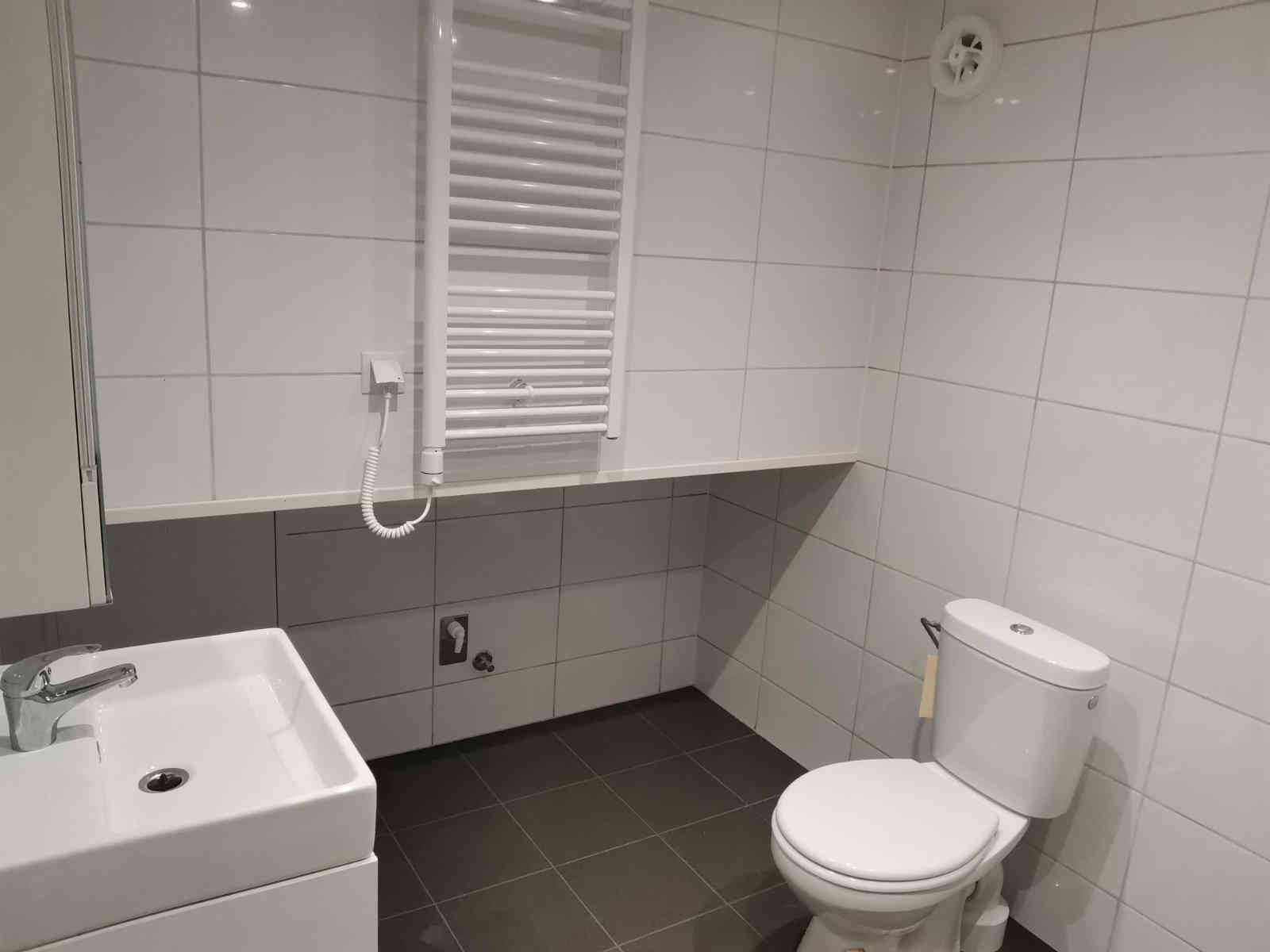 Badrum med plats för tvättmaskin, dusch, toalett, handfat och förvaring.