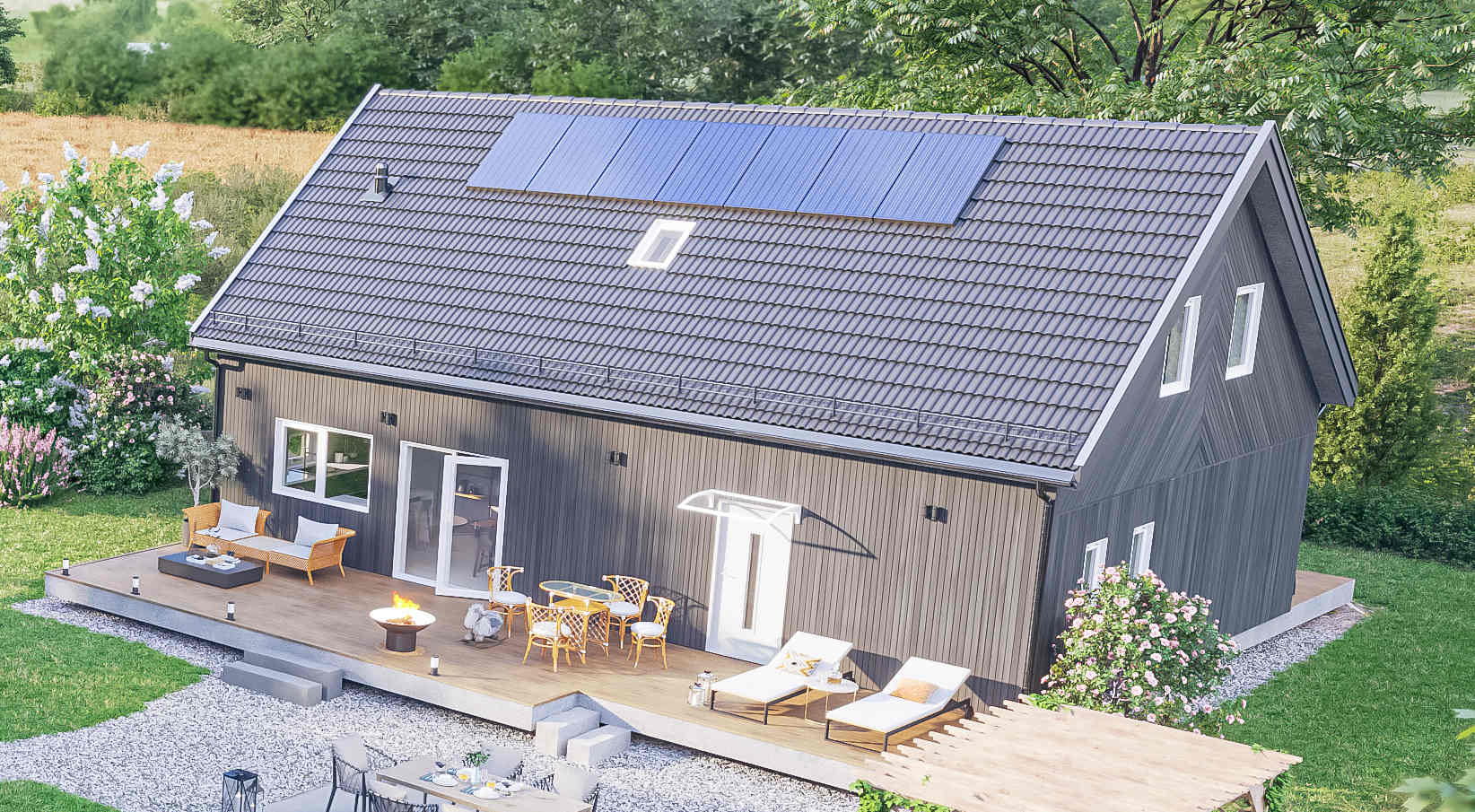 Fasad från kök mot uteplats med fönsterpartier