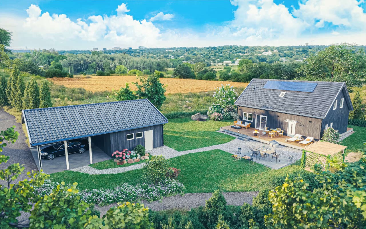 Fasad från kök mot uteplats med fönsterpartier