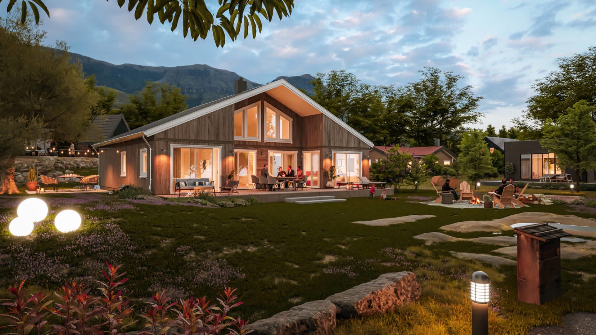 Fasad från vardagsrum mot uteplats med fönsterpartier