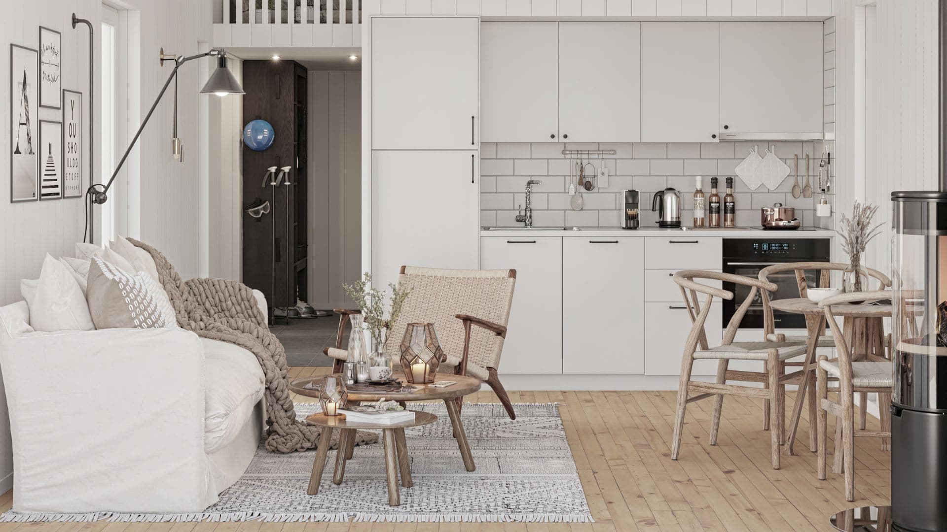 Fjällstuga allrum och kök med kabin