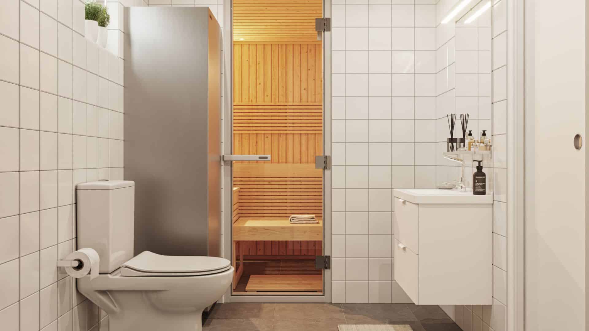 Fjällstuga badrum med bastu