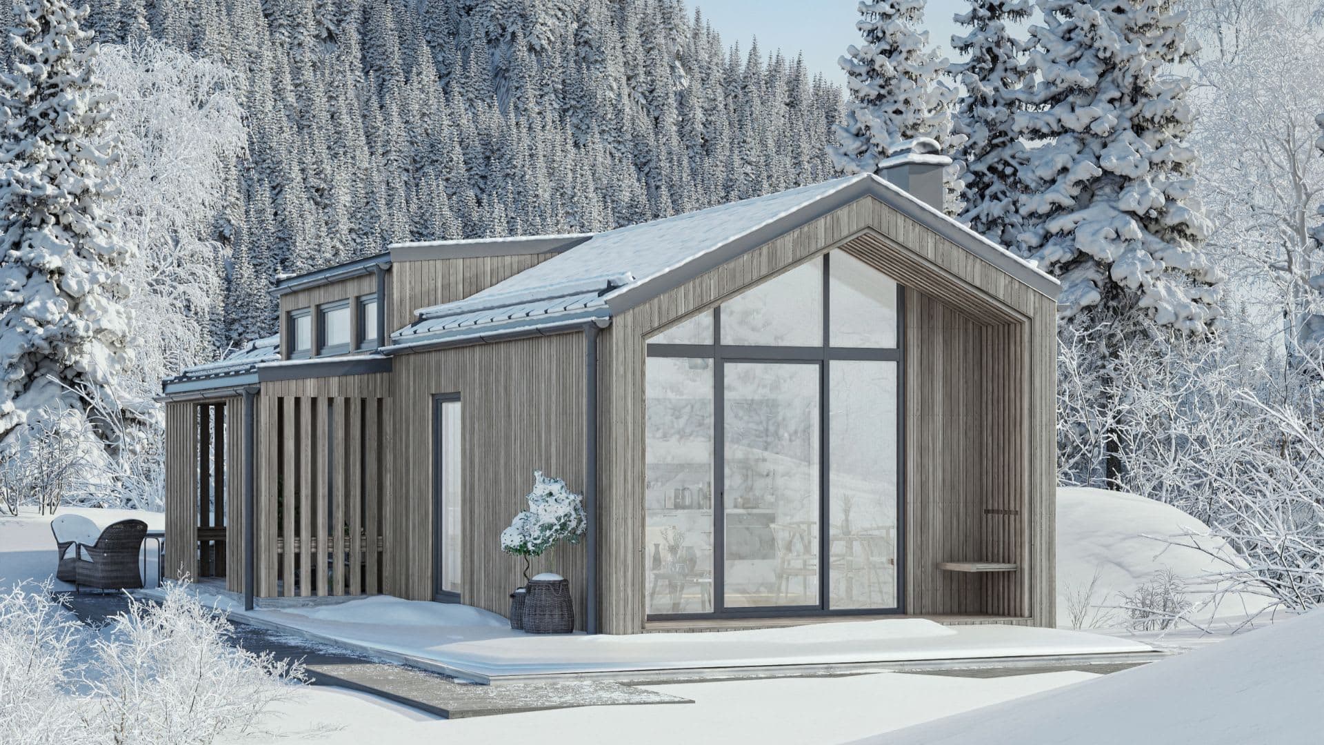 Fjällstuga Storklinten ljus exteriör snö